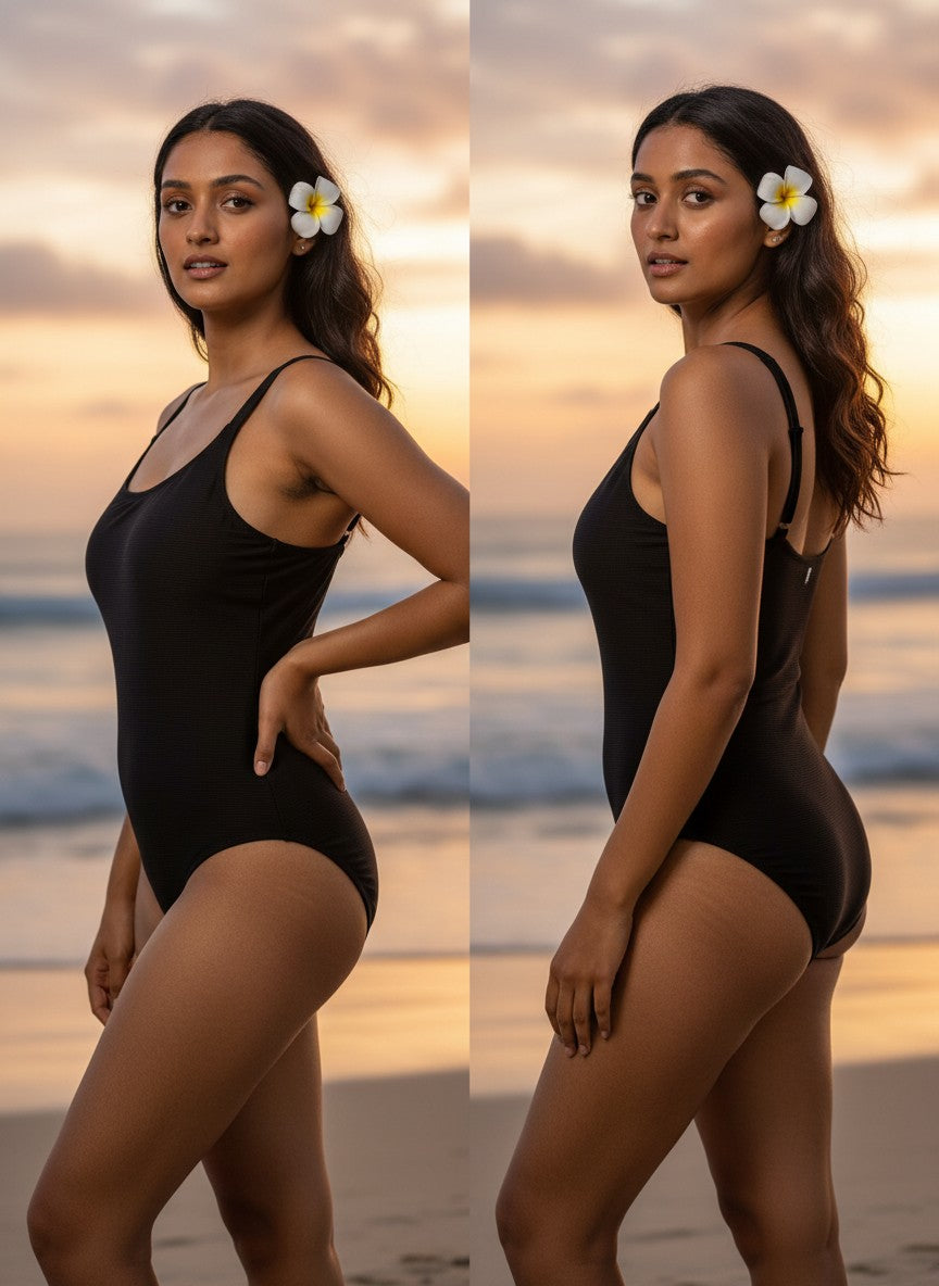 SWYM black ribbed bodysuit with subtle stripes, scoop neckline, and adjustable straps. Fits S-M.