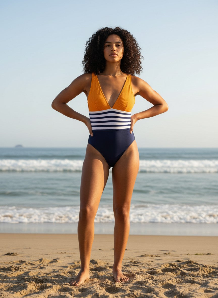 Model wearing SWYM Sunshine Stripe one-piece swimsuit with V-neck, yellow top, and blue-white striped midsection.